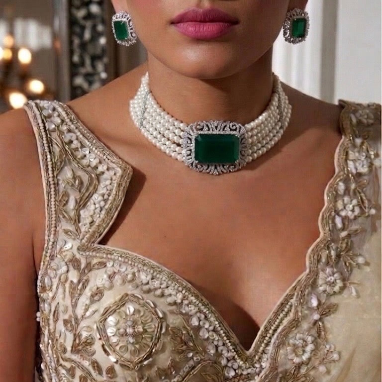 PEARL EMERALD CHOKER NECKLACE SET