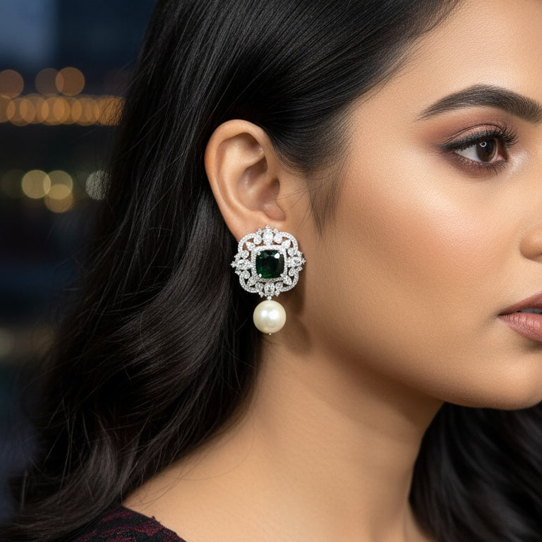 EMERALD PEARL DROP STUDS