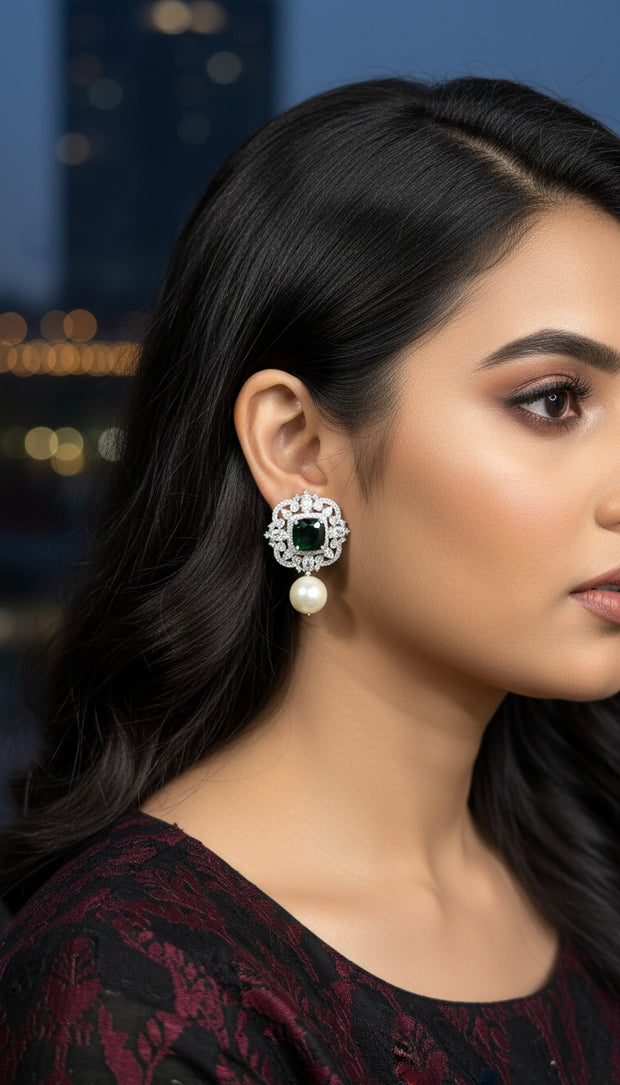 EMERALD PEARL DROP STUDS