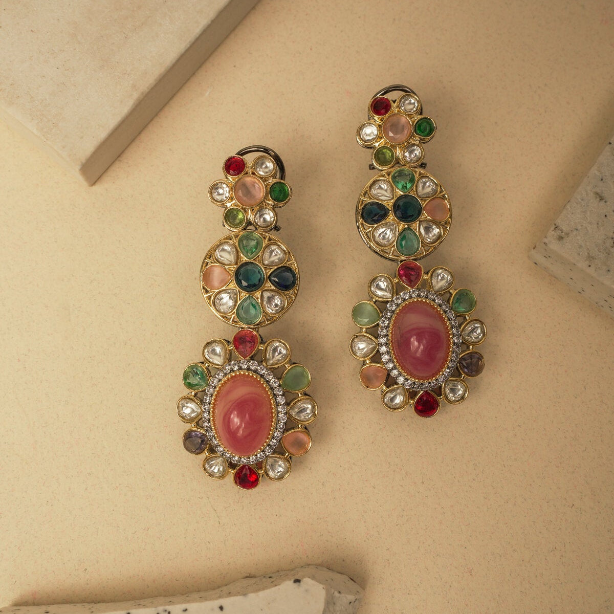 PINK MULTI COLORED KUNDAN EARRINGS