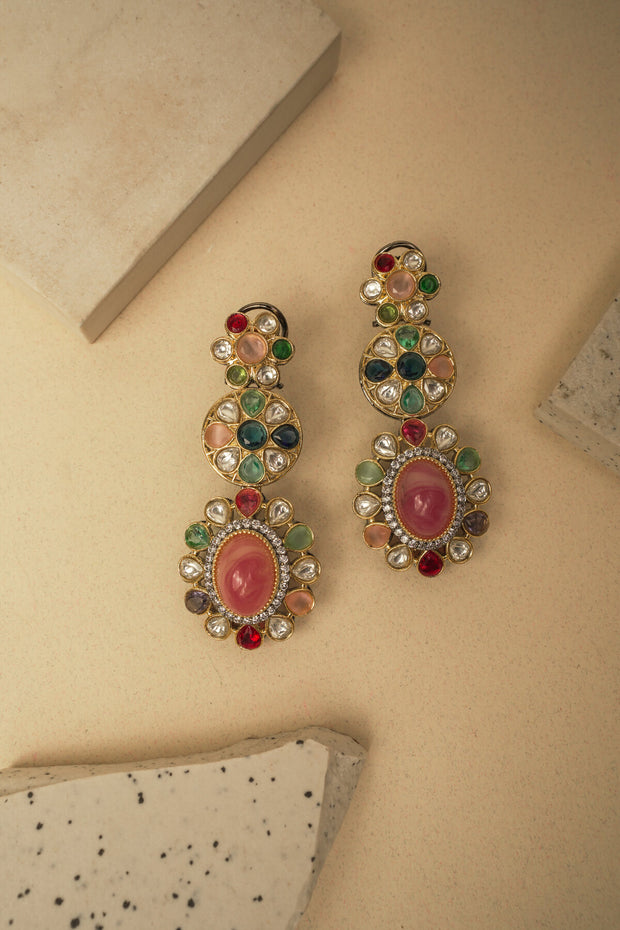 PINK MULTI COLORED KUNDAN EARRINGS