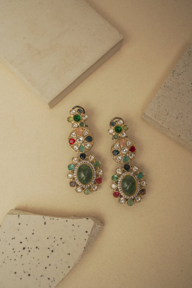 GREEN MULTI COLORED KUNDAN EARRINGS