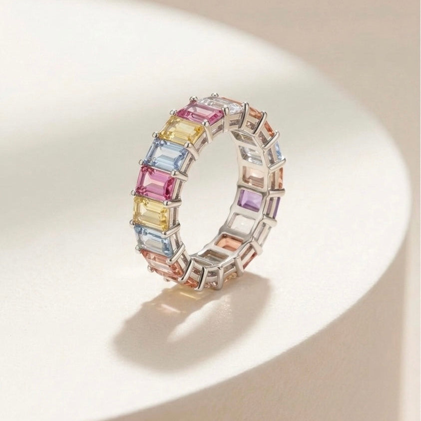 EMERALD CUT RAINBOW ETERNITY RING