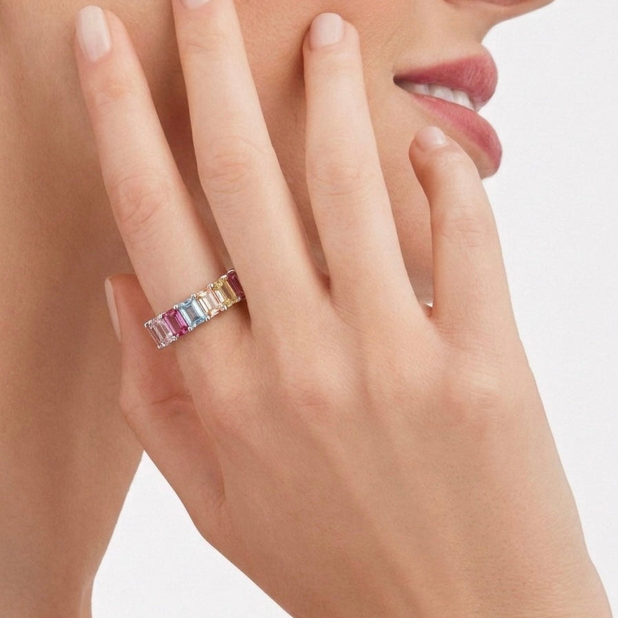 EMERALD CUT RAINBOW ETERNITY RING
