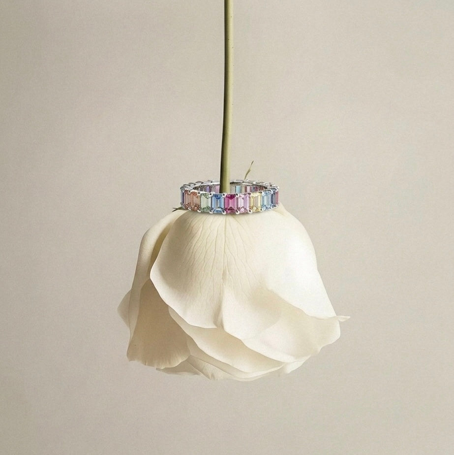 EMERALD CUT RAINBOW ETERNITY RING