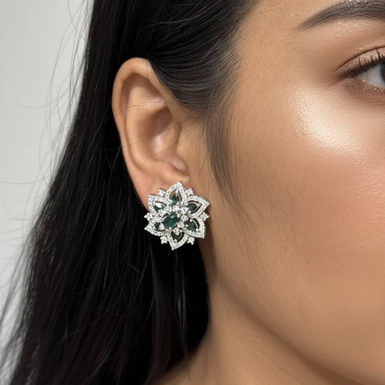 EMERALD FLOWER HALO STUDS