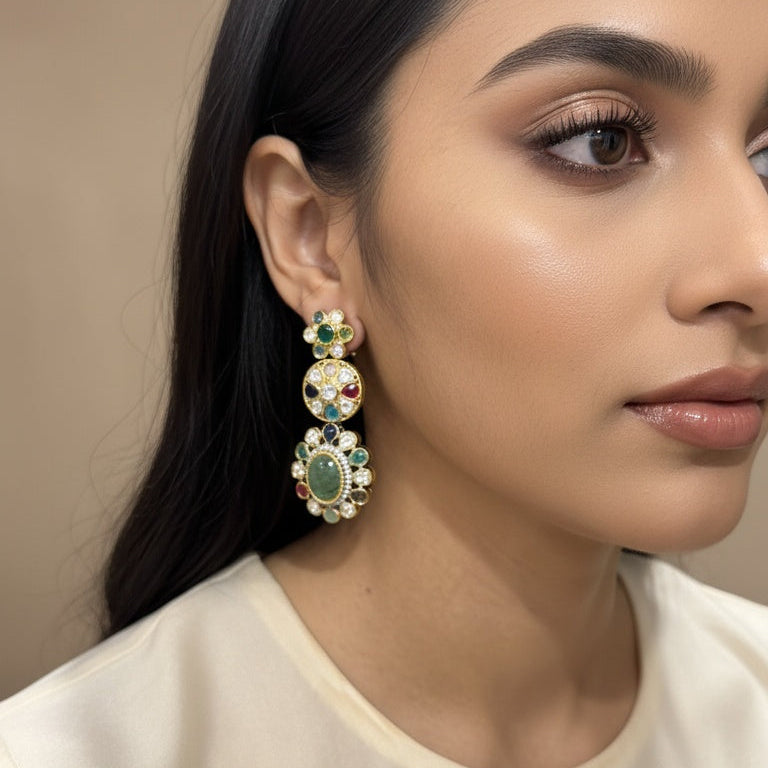 GREEN MULTI COLORED KUNDAN EARRINGS